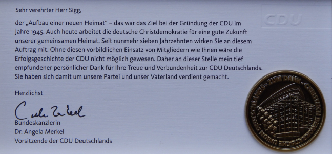 Persönliches Dankschreiben der Bundeskanzlerin Angela Merkel an Erich Sigg